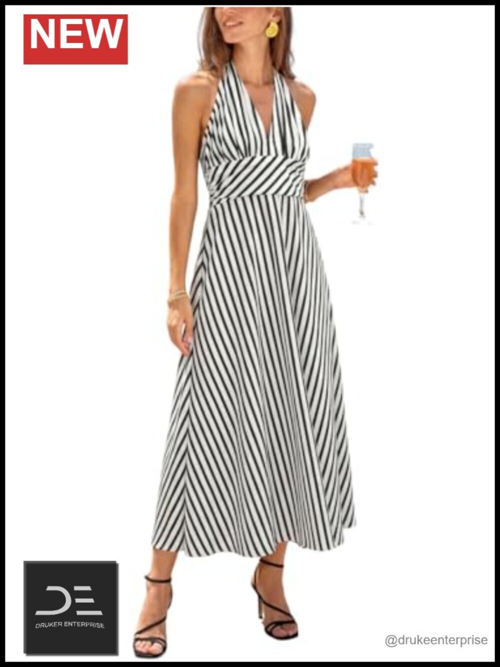 Maxi Dress Halter Plunging V-Neck Backless Striped Sleeveless